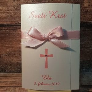 Vabilo za krst s križcem in pentljico, roza REK25