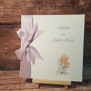 Vabilo za krst z angelčkom in pentljico, roza REK03