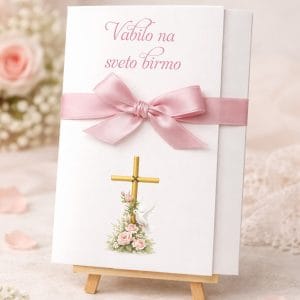 vabilo za birmo z motivom križca in pentljico