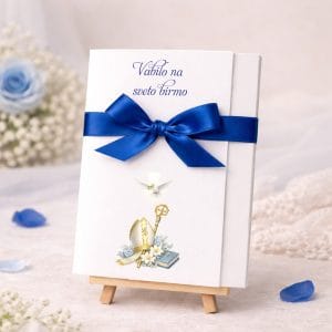 Vabilo za birmo z temno modro pentljico in župnikovo kapo