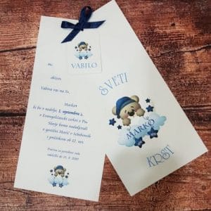 Unikatno Vabilo za krst z medvedkom in majhno pentljico, modro REK103