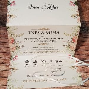 Poročna vabila cvetlična z roza vrtnicami in belim trakcem PORCVE 116