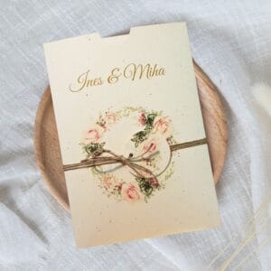 Poročna vabila cvetlična z vrtnicami in juto PORCVE 107