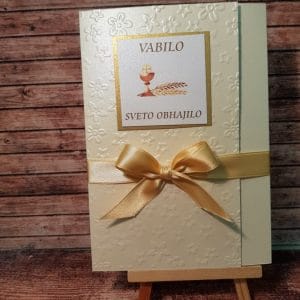 Vabilo za obhajilo s potiskanim papirjem, zlato pentljo, kelihom in pšenico