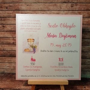 Vabilo za obhajilo z roza pisavo in kelihom