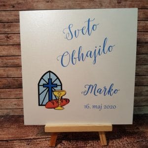 Vabilo za obhajilo z modro pisavo, križcem in kelihom