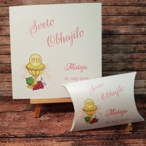 Komplet za obhajilo (vabilo + konfet) s kelihom v roza barvi REOKMPL 01