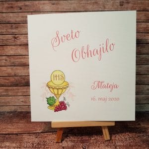 Vabilo za obhajilo z roza pisavo in kelihom