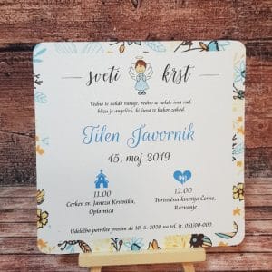 Vabilo za krst z angelčkom in rožicami modro REK126