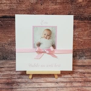 Vabilo za krst s fotografijo otroka in pentljico, roza REK118