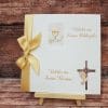 Vabilo za birmo in obhajilo z zlato pentljo, križcem, golobčkom in kelihom