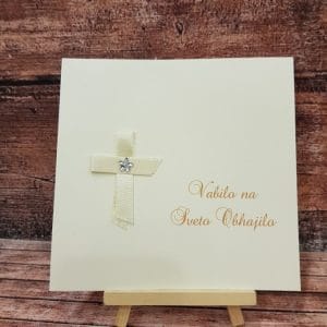 Vabilo za obhajilo z belim križcem in zlato pisavo