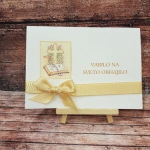 Vabilo za obhajilo z zlato pentljo in kelihom