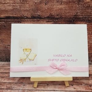 Vabilo za obhajilo z roza pentljo, roza pisavo in kelihom