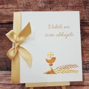 Vabilo za obhajilo z zlato pentljo, zlato pisavo, kelihom in pšenico