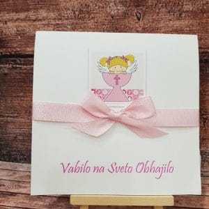 Vabilo za obhajilo z roza pentljo, kelihom in angelčkom