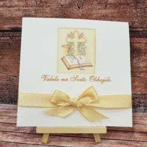 Vabilo za obhajilo z zlato pentljo, križcem in biblijo