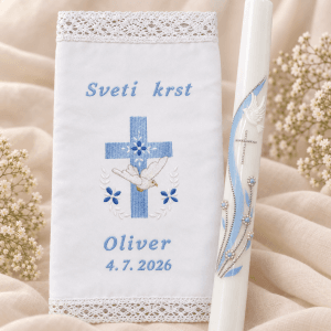krstni komplet v modri sveča in prt