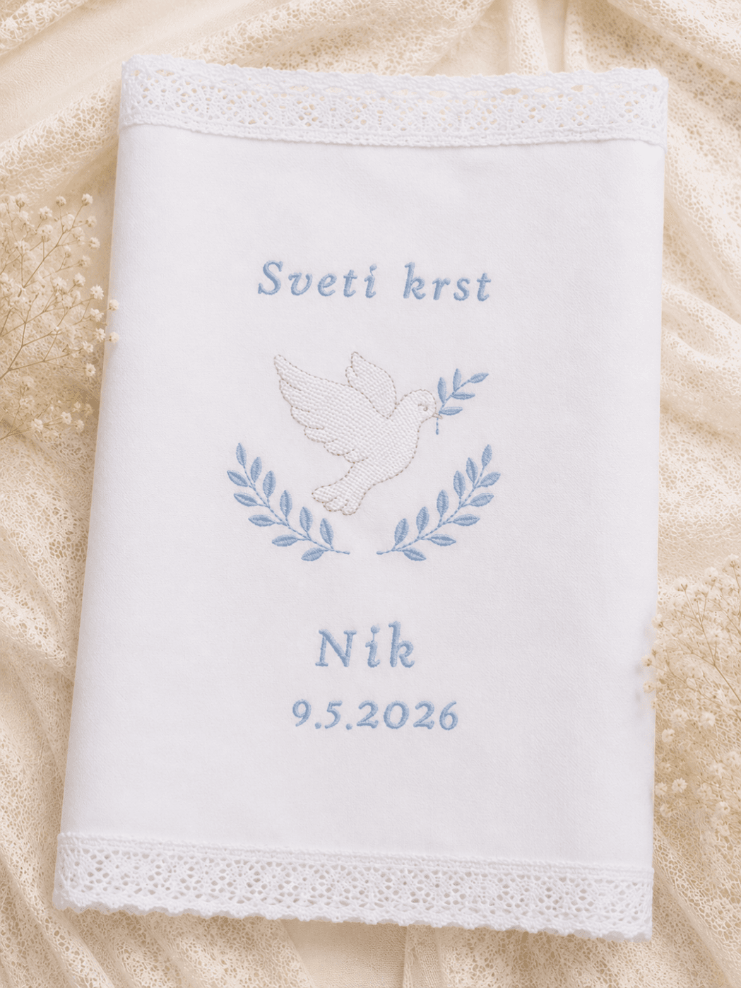 Krstni prtiček - Poročni bazar INKI krstni prt s ptičkom in vejico