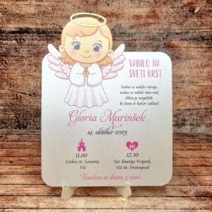 Vabilo za krst z izrezanim angelčkom- ROZA