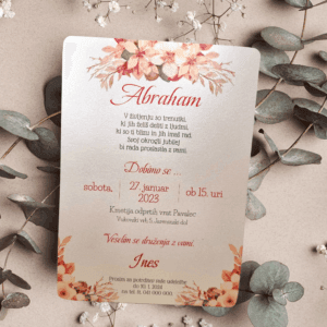 vabilo za Abrahama z rožnatimi rožicami in elegantno pisavo