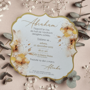 vabilo za obletnice in Abrahama z rožicami, kvadratno v zlatih barvah