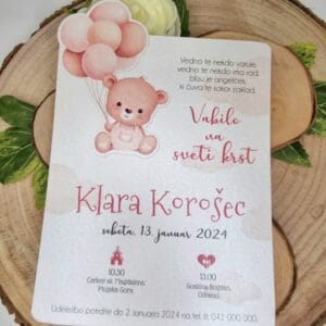 Vabilo za krst z izrezanim medvedkom- ROZA