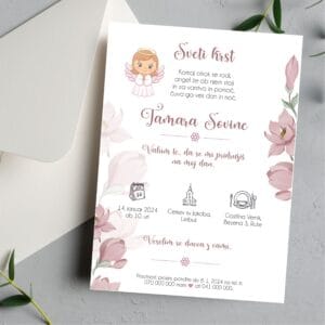 Vabilo za krst z angelčkom- ROZA