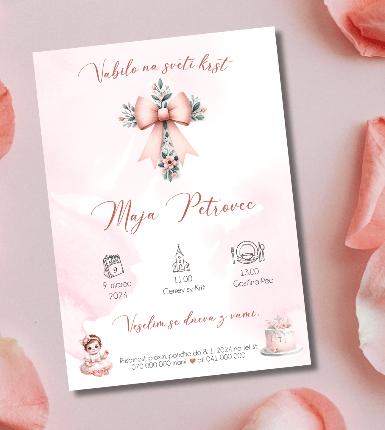 Krstno vabilo - Poročni bazar INKI Vabilo za krst s križcem- ROZA