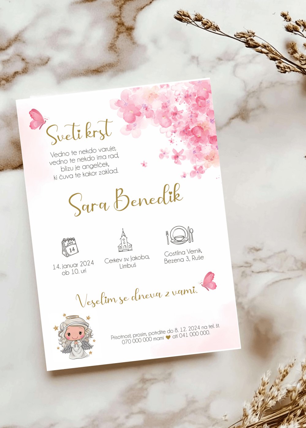 Vabilo za sveti krst - Poročni bazar INKI Vabilo za krst z angelčkom- ROZA