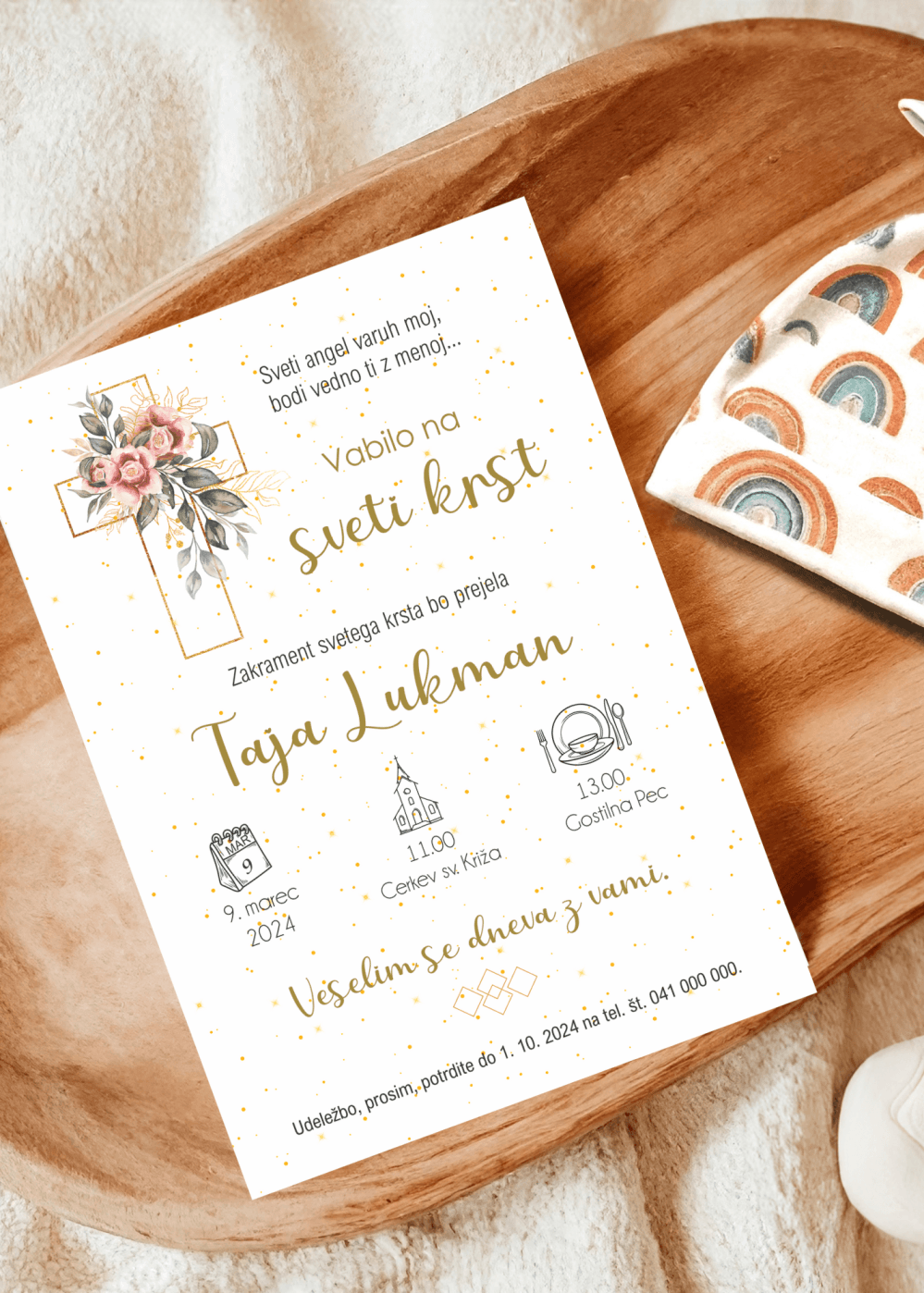 Vabilo za krst - Poročni bazar INKI Vabilo za krst s križcem in cvetjem