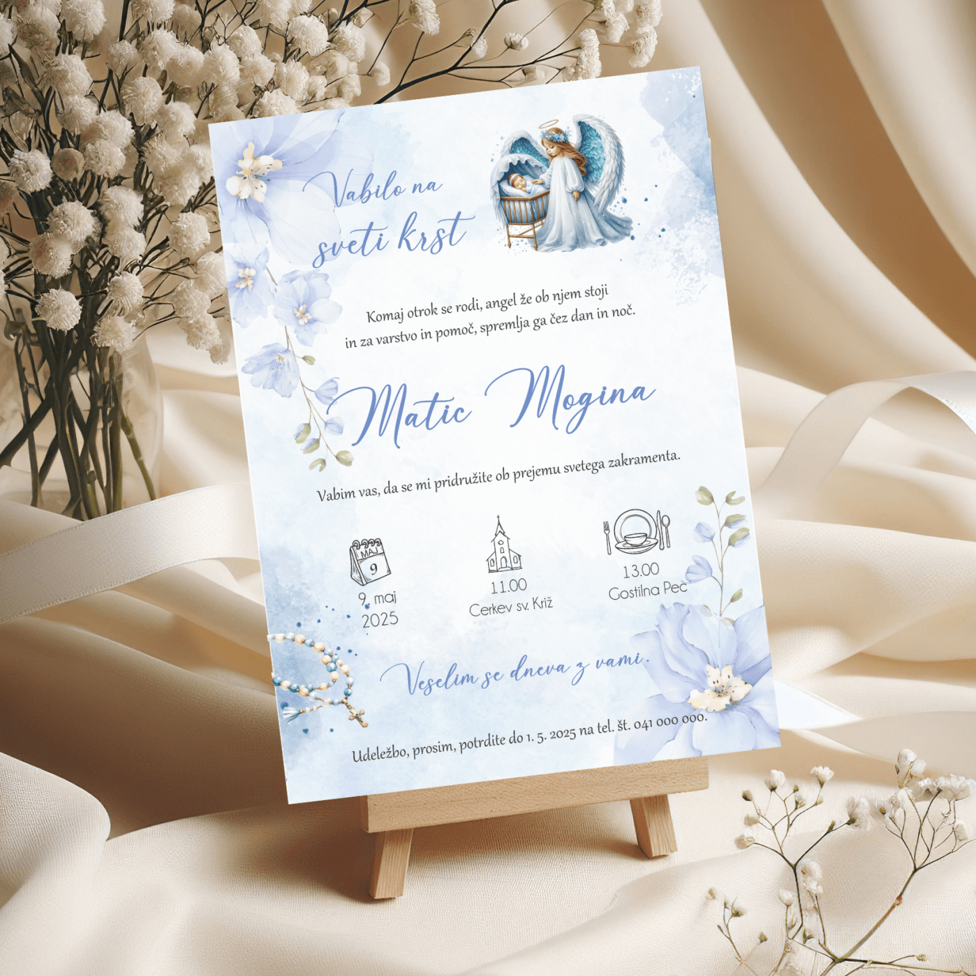 Vabilo za krst - Poročni bazar INKI Vabilo za krst z angelčkom- MODRO