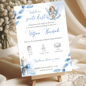 Vabilo za krst z angelčkom in modrim cvetjem