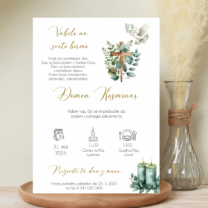 Vabilo za birmo z zelenjem, golobčkom, križcem in svečami