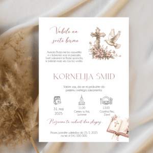 Vabilo za birmo z rožicami, križcem, biblijo in golobčkom