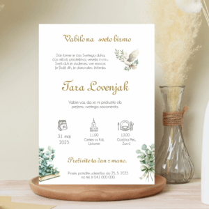 Vabilo za birmo z zelenjem in golobčkom