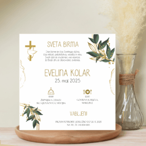Vabilo za birmo z zelenjem, zlatim listjem in križcem