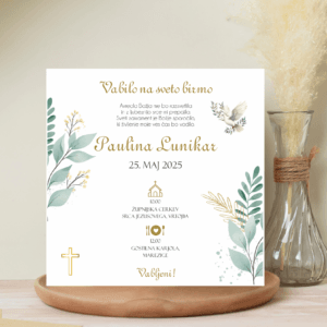 Vabilo za birmo nežen motiv zelenja, golob in križ