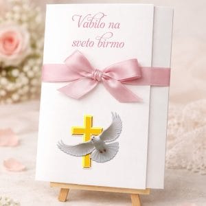 Vabila za birmo z zlato pentljico, roza pisavo, križcem in golobčkom