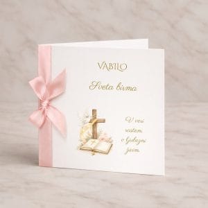 Vabilo za birmo z roza pentljico, križcem in biblijo
