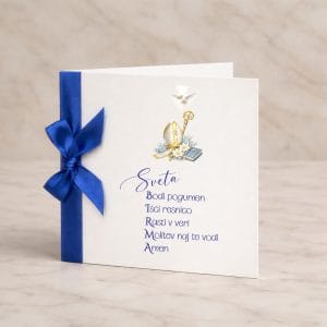 Vabila za birmo s temno modro pentljico in župnikovo kapo