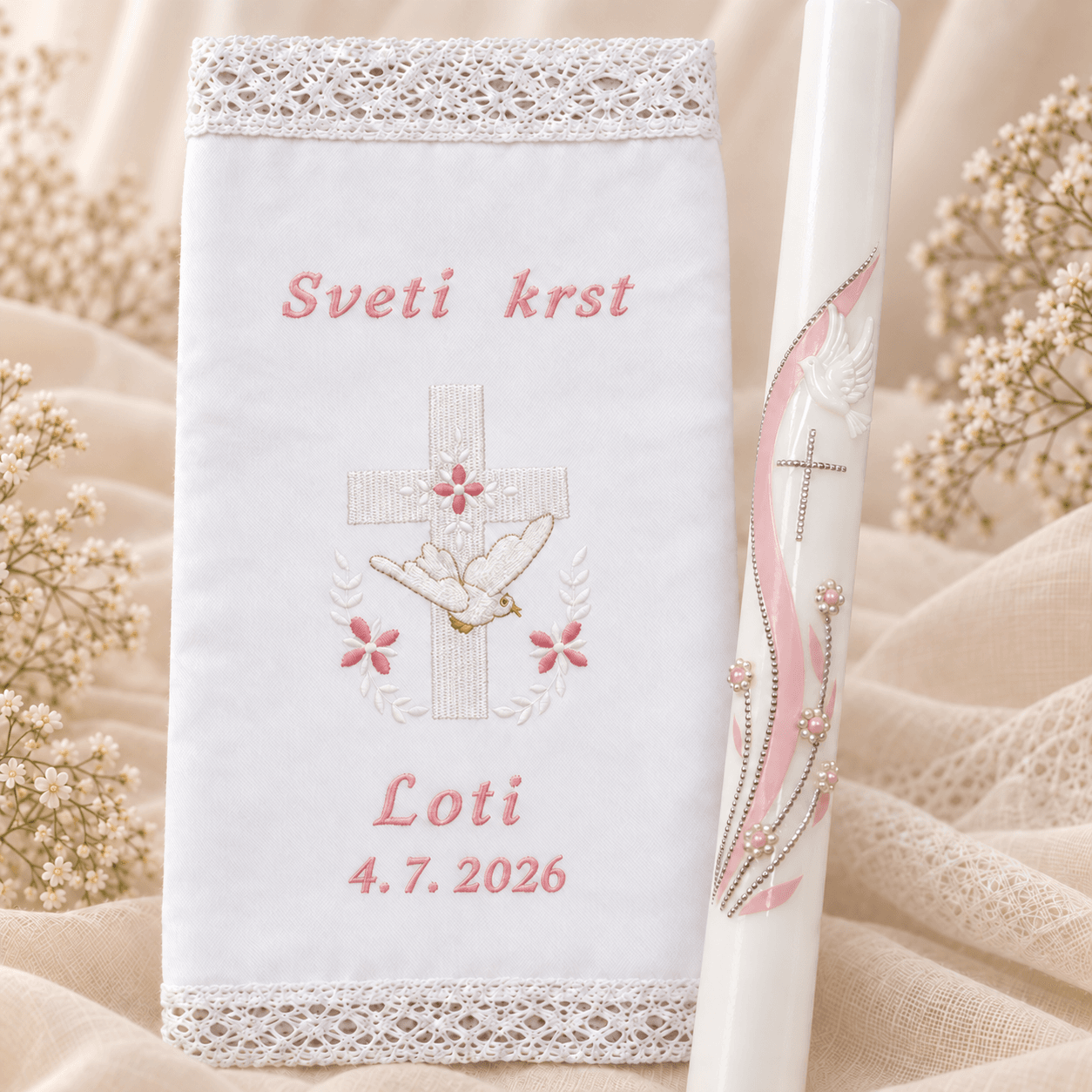 krstni prt belo roza in sveča ogenjčki