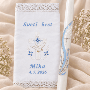 krstni komplet belo moder križ z golobčkom